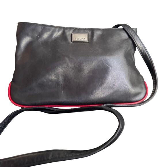 Perlina Black Leather‎ Shoulder Bag Purse With Red Trim Many Compartments - Picture 1 of 9